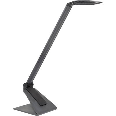 Eine moderne, schwarze Schreibtischlampe mit schlankem, verstellbarem Arm und rechteckigem Sockel, ideal für Arbeitsbereiche.