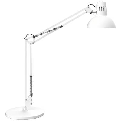 Schreibtischlampe mit Gelenkarm in Weiß, bietet flexible Positionierung des Lichts. Ideal für konzentriertes Arbeiten oder Lesen.