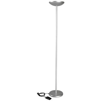 Stehlampe aus Metall mit rundem Sockel und schalenförmigem Lampenschirm, silberfarben, mit schwarzem Kabel und Schalter.