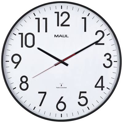 Analoge Wanduhr mit schwarzem Rahmen. Zeigt die Uhrzeit 14:10 Uhr an. Zahlen 1 bis 12 und drei Zeiger auf weißem Zifferblatt.