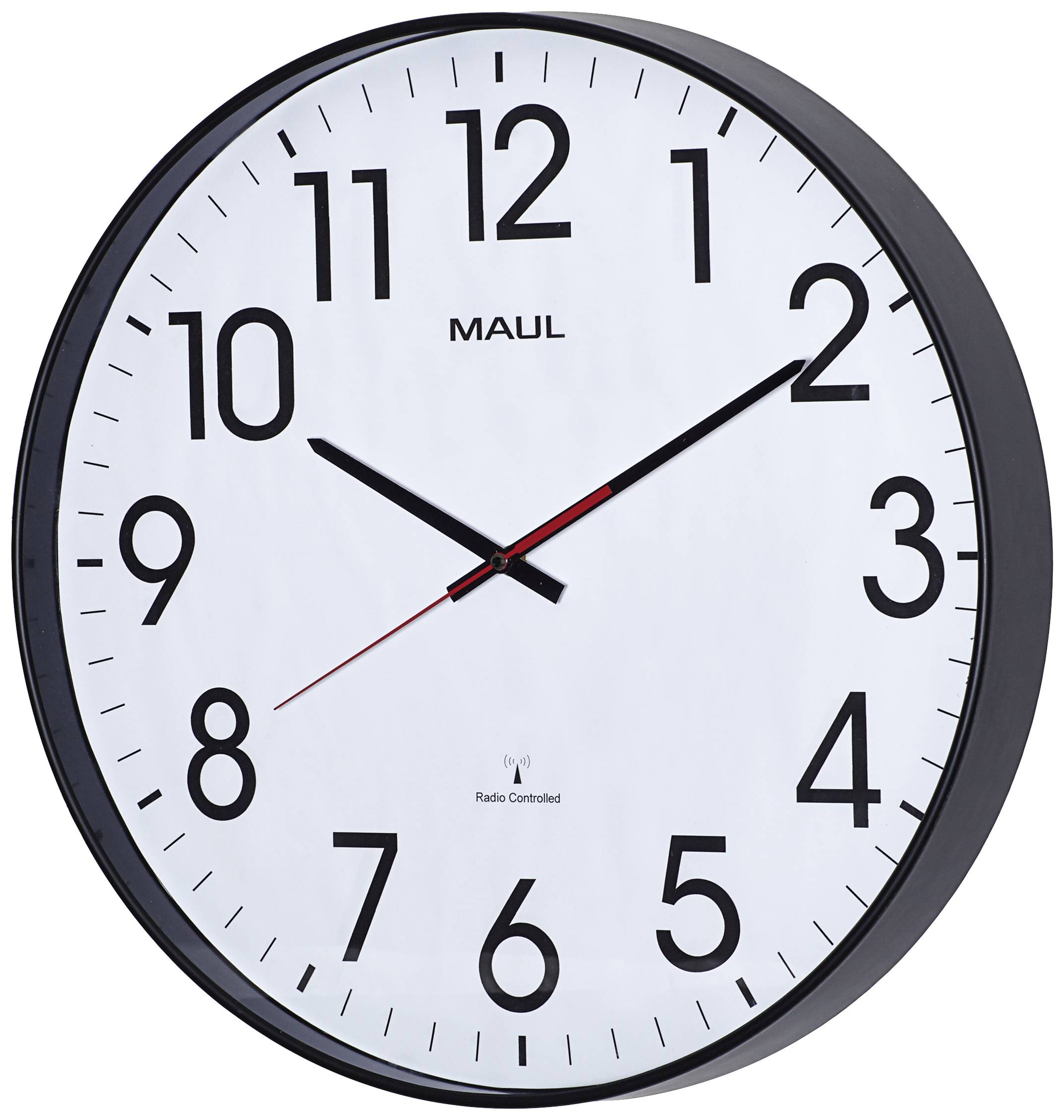 Runde Wanduhr mit schwarzem Rahmen, weißen Zifferblatt und schwarzen Ziffern. Zeiger zeigen 10:10 Uhr an.