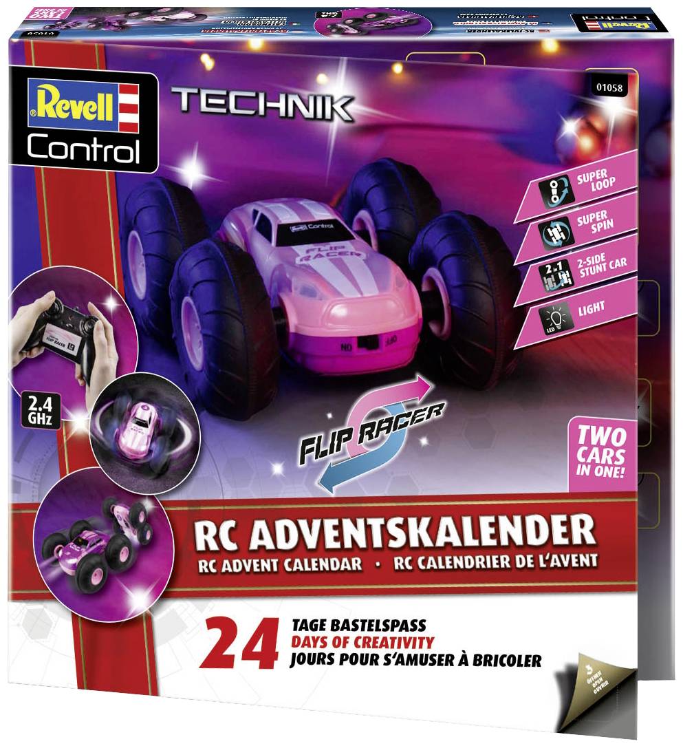 Revell Control RC Adventskalender mit ferngesteuertem Auto. 24 Tage Bastelspaß, zwei Autos inklusive. Technische Details auf Verpackung.