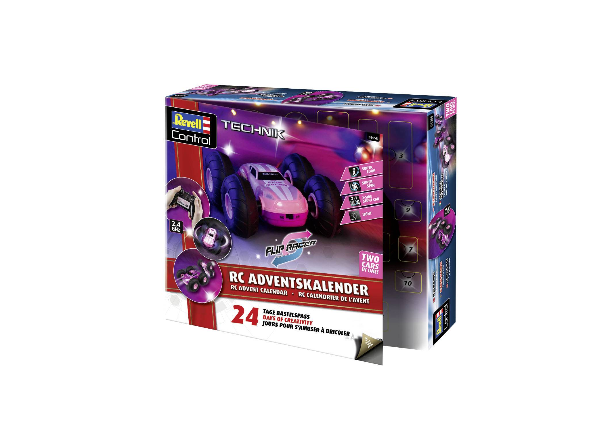 RC Adventskalender von Revell mit ferngesteuertem Auto-Bausatz, 24 Tage Bastelspaß, Abbildung des Fahrzeugs auf der Verpackung.