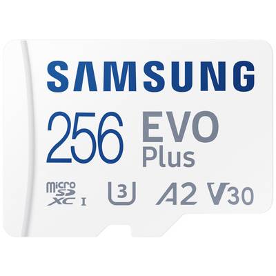 Eine weiße Samsung microSD-Karte mit '256 EVO Plus', U3, A2, V30 Symbolen, geeignet für schnelle Datenübertragungen und hohe Speicherkapazität.