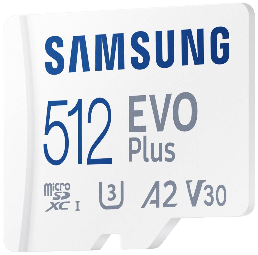 Weiße Samsung microSD-Karte mit 512 GB Kapazität, Serie EVO Plus. Geeignet für Anwendungen mit hohen Geschwindigkeitsanforderungen.