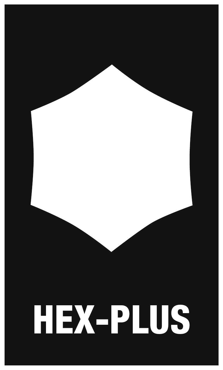 Schwarz-weißes Logo mit sechseckiger Form oben und Text 'HEX-PLUS' darunter.