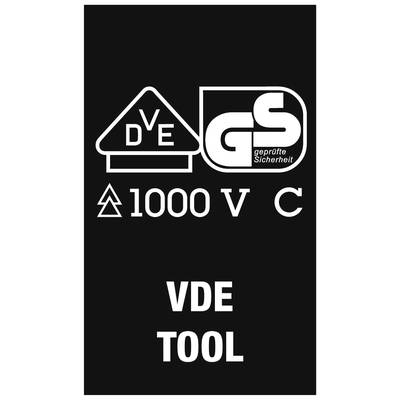'VDE TOOL'-Etikett mit Symbolen: 'VDE', 'GS', '1000 V'; Hinweis auf geprüfte Sicherheit und elektrische Spannungsfestigkeit.