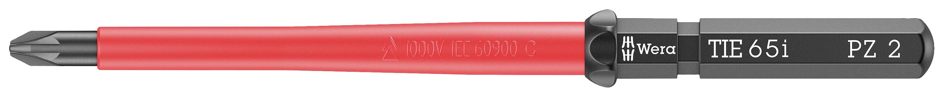 Ein roter Schraubendreher mit Aufschrift 'Wiha T10.651 PZ 2' auf schwarz-grauem Griff.