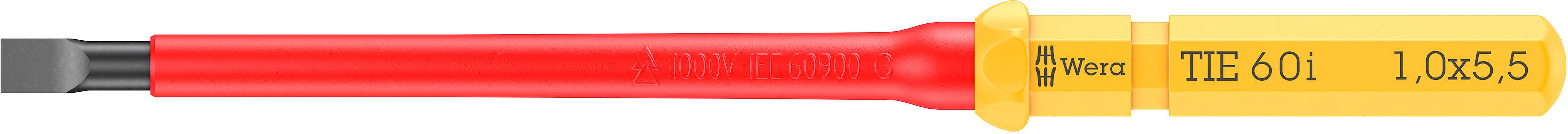 'Wiha TTE 601' Schraubendreher, roter Griff, schwarze Klinge, gelbe Isolierung mit Spezifikationen.