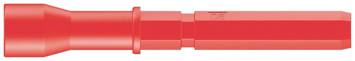 Roter Runddübel mit Sechskantkopf, Länge ca. 50 mm, Durchmesser ca. 8 mm, zur Befestigung in Wänden.