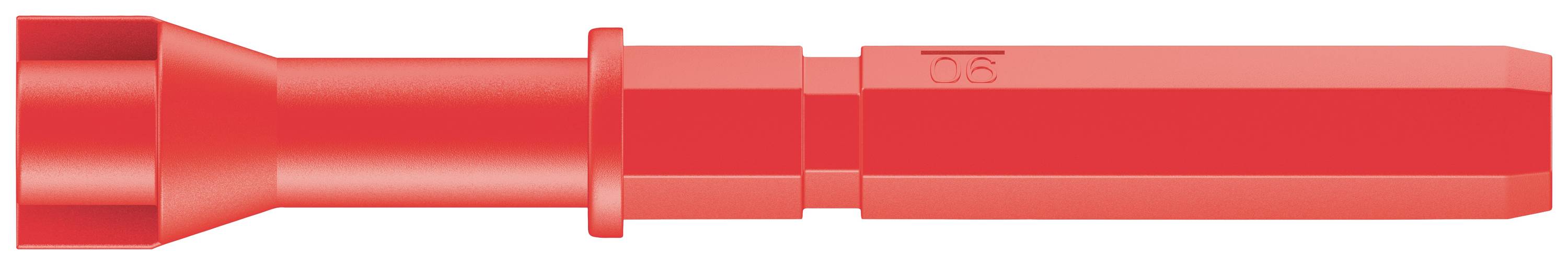 Ein roter Kunststoffdübel mit zylindrischem Schaft, geripptem Ende und einer Aufschrift '7,5'. Geeignet für Befestigungen in Mauerwerk.