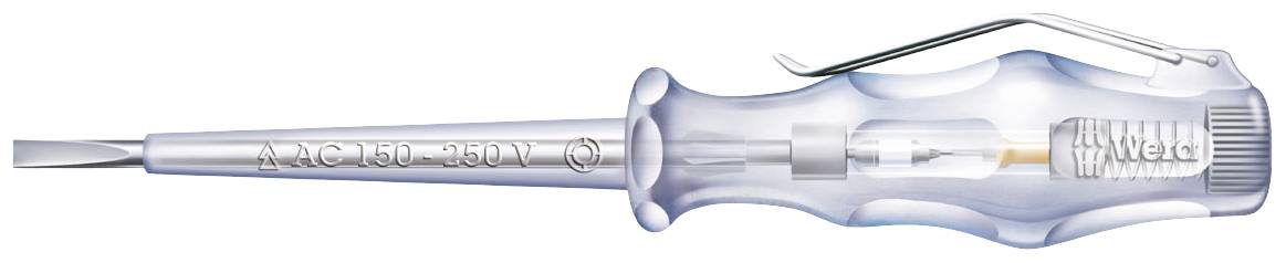 Ein transparenter Phasenprüfer-Schraubendreher mit Metallspitze und Clip. Auf der Seite ist 'AC 150-250V' zu lesen.