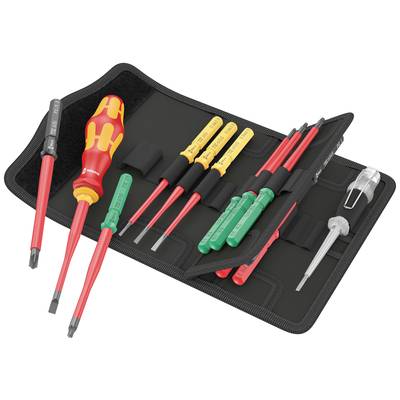 Ein Satz von isolierten Schraubendrehern in einer offenen Werkzeugtasche, bestehend aus verschiedenen Größen und Farben für Elektroarbeiten.