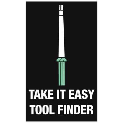 Illustration eines Werkzeugs auf schwarzem Hintergrund mit dem Text 'Take It Easy Tool Finder' darunter.