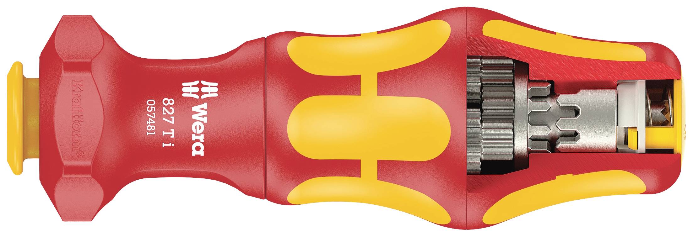 Schraubenzieher mit ergonomischem Griff und transparentem Gehäuse, das den innenliegenden Mechanismus zeigt. Marke 'Wera'.