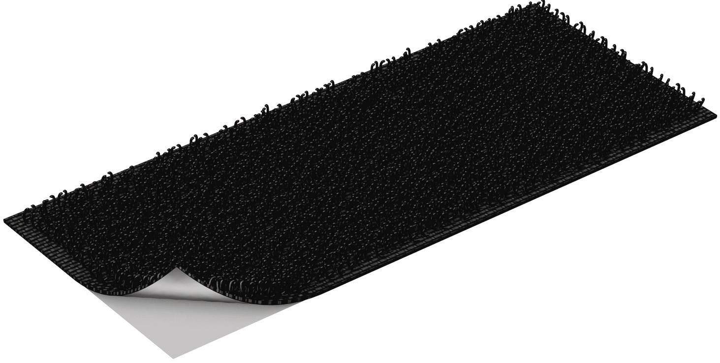 Schwarzer Klettverschluss-Streifen, teils aufgerollt, zeigt die Hakenstruktur. Hintergrund in neutralem Weiß gehalten.