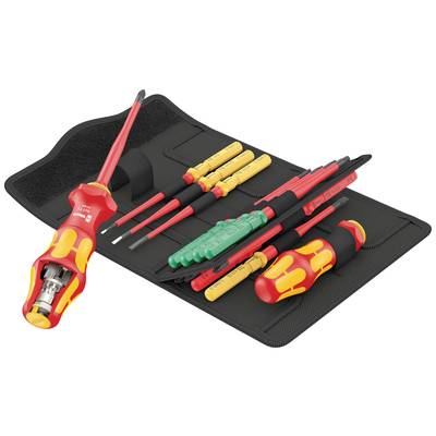 Ein Set isolierter Schraubendreher verschiedener Größen in einem offenen Etui. Ideal für Elektriker, da sie Sicherheit bieten.