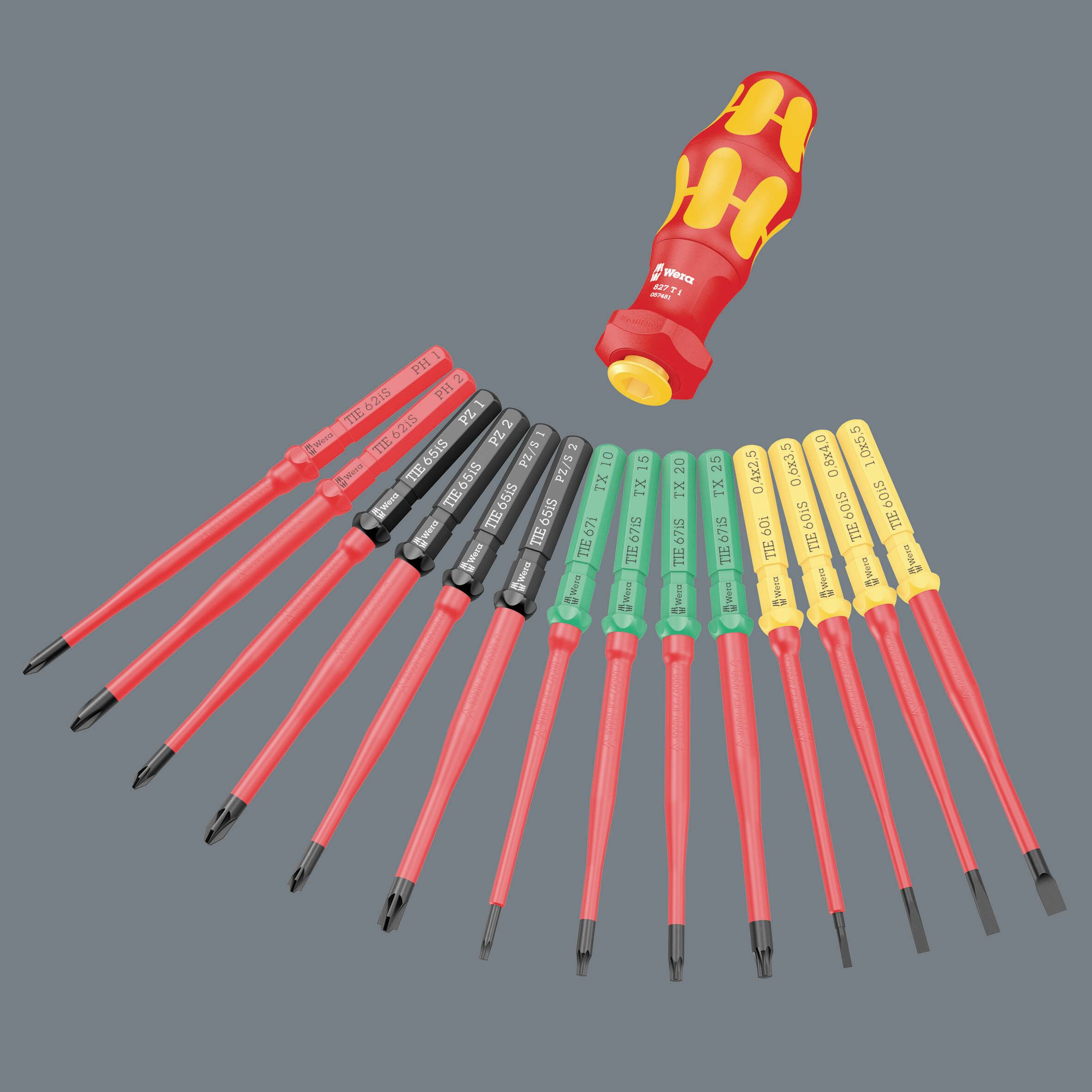Ein Schraubendreher mit mehreren austauschbaren Bits, die in verschiedenen Größen und Farben angeordnet sind.