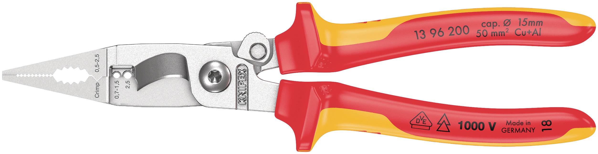 Zangenartiges Werkzeug mit rotem und gelbem Griff, ausgelegt für Arbeiten an elektrischen Leitungen bis 1000V. Hergestellt in Deutschland.