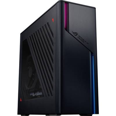 Schwarzer Gaming-Desktop-PC mit beleuchtetem Gehäuse, Lüftungsschlitzen und futuristischen Designakzenten.