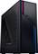 Schwarzer Gaming-Desktop-PC mit beleuchtetem Gehäuse, Lüftungsschlitzen und futuristischen Designakzenten.