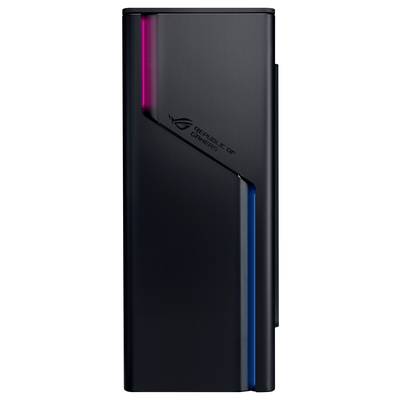 Schwarzes Computergehäuse mit farbigen LED-Streifen in Rot und Blau. Aufschrift 'Republic of Gamers' an der Seite.