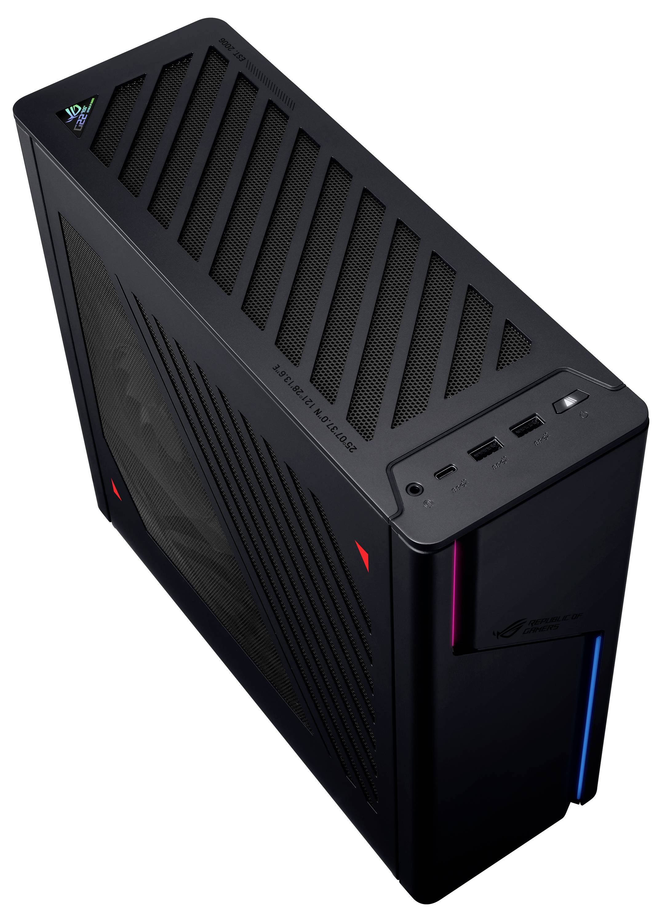 Schwarzes Computergehäuse mit Lüftungsschlitzen oben, mehreren USB-Anschlüssen vorne und farbigen Lichtelementen an der Vorderseite.