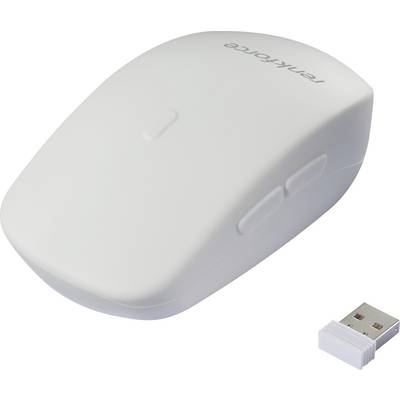 Kabellose weiße Computermaus mit zwei seitlichen Tasten und einem USB-Empfänger.