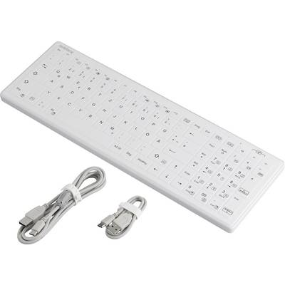 Weiße Silikontastatur mit kyrillischen Schriftzeichen, inklusive eines langen und eines kurzen USB-Kabels, auf weißem Hintergrund.