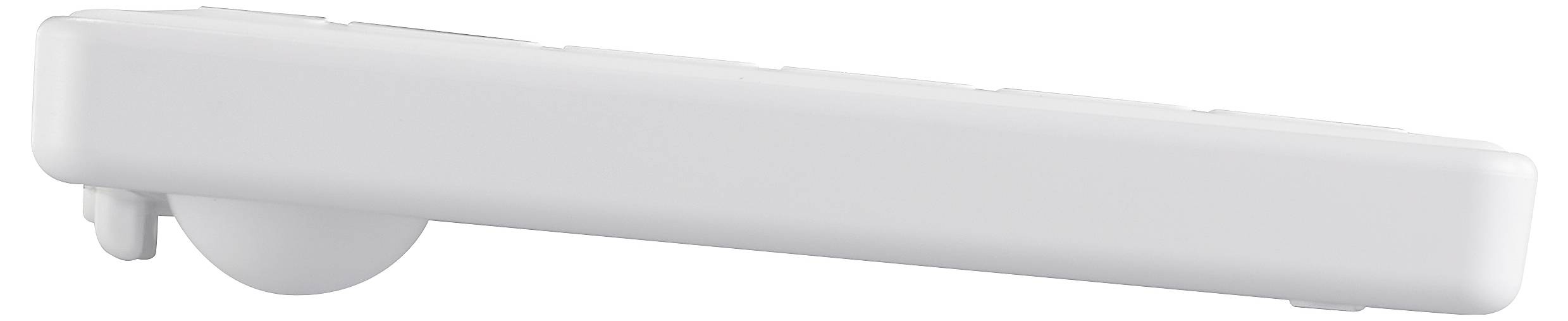 Ein weißes Scharnier oder Möbelstift, seitlich liegend, mit abgerundeten Kanten. Geeignet für Möbelverbindungen oder Schranktüren.