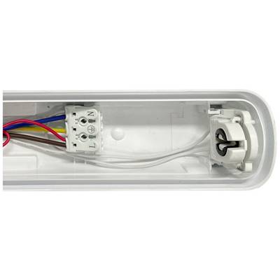 Elektrische Anschlussbox mit farbigen Kabeln, die mit einer Klemme verbunden sind, zeigt Verdrahtung für eine Leuchte.