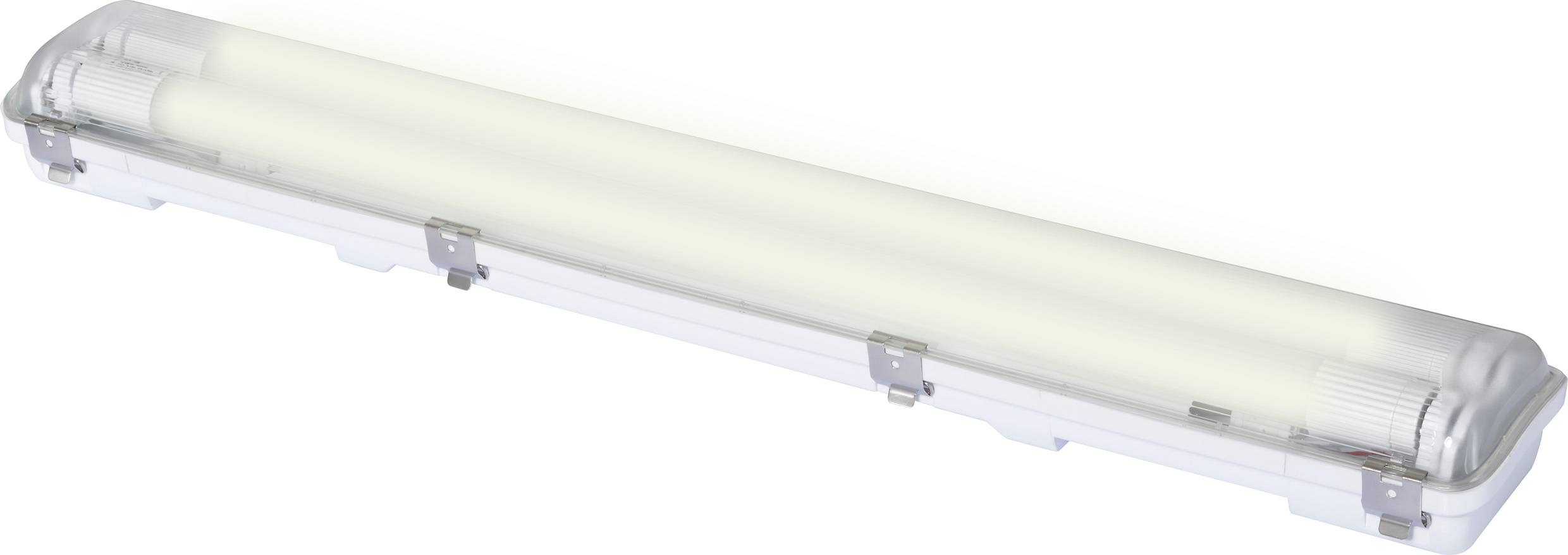 Eine lange, rechteckige LED-Leuchte mit durchsichtigem Gehäuse, geeignet für helle Beleuchtung in industriellen oder gewerblichen Umgebungen.