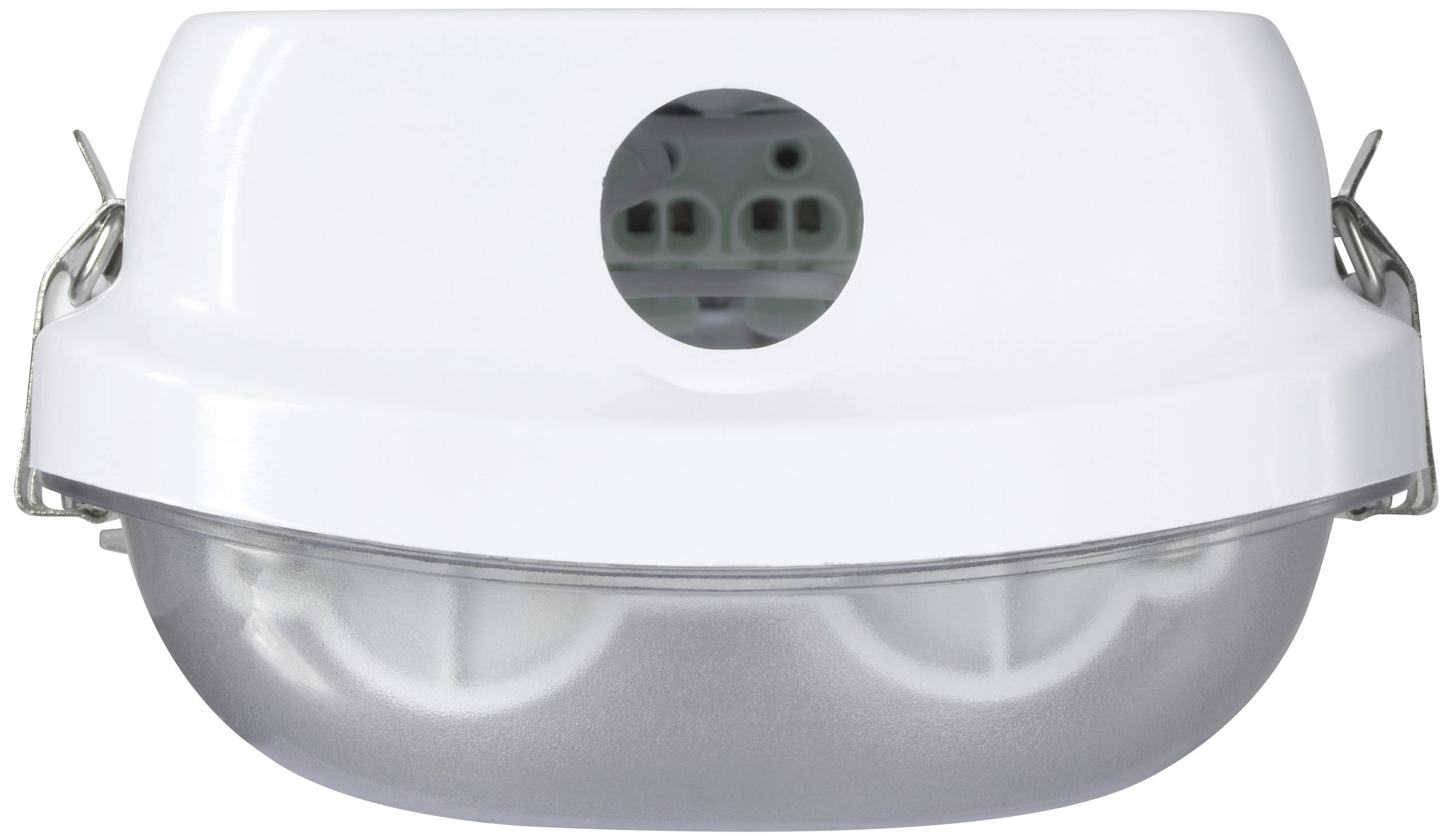 Weiße Sicherheitsleuchte mit Schutzabdeckung, ohne erkennbare Lichtquelle. Ideal für den Einsatz in Notbeleuchtungssystemen.