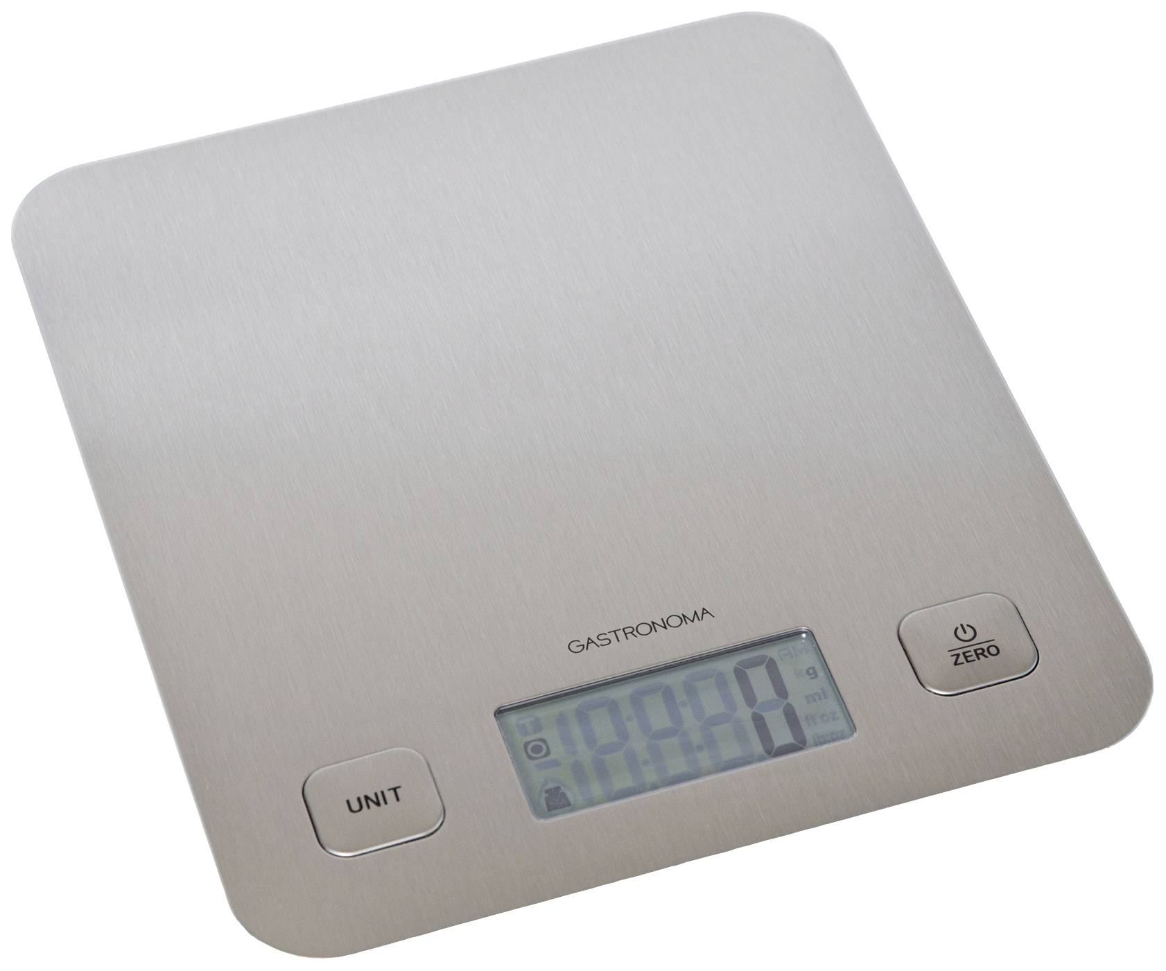 Elektronische Küchenwaage aus Edelstahl mit Digitalanzeige, zwei Bedientasten für Einheiten und Nullstellung.