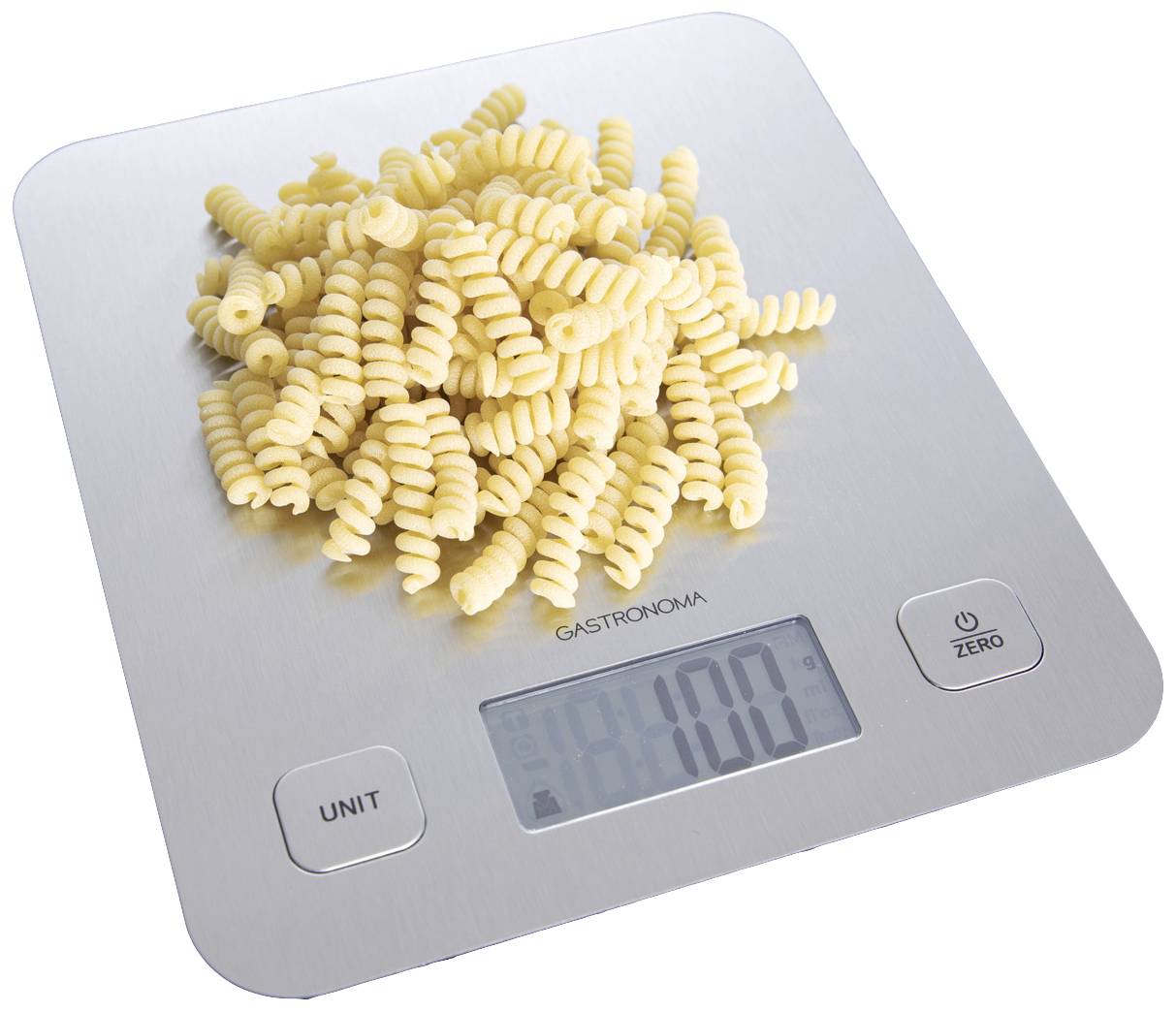 Eine Küchenskala zeigt 100 Gramm Fusilli-Nudeln.