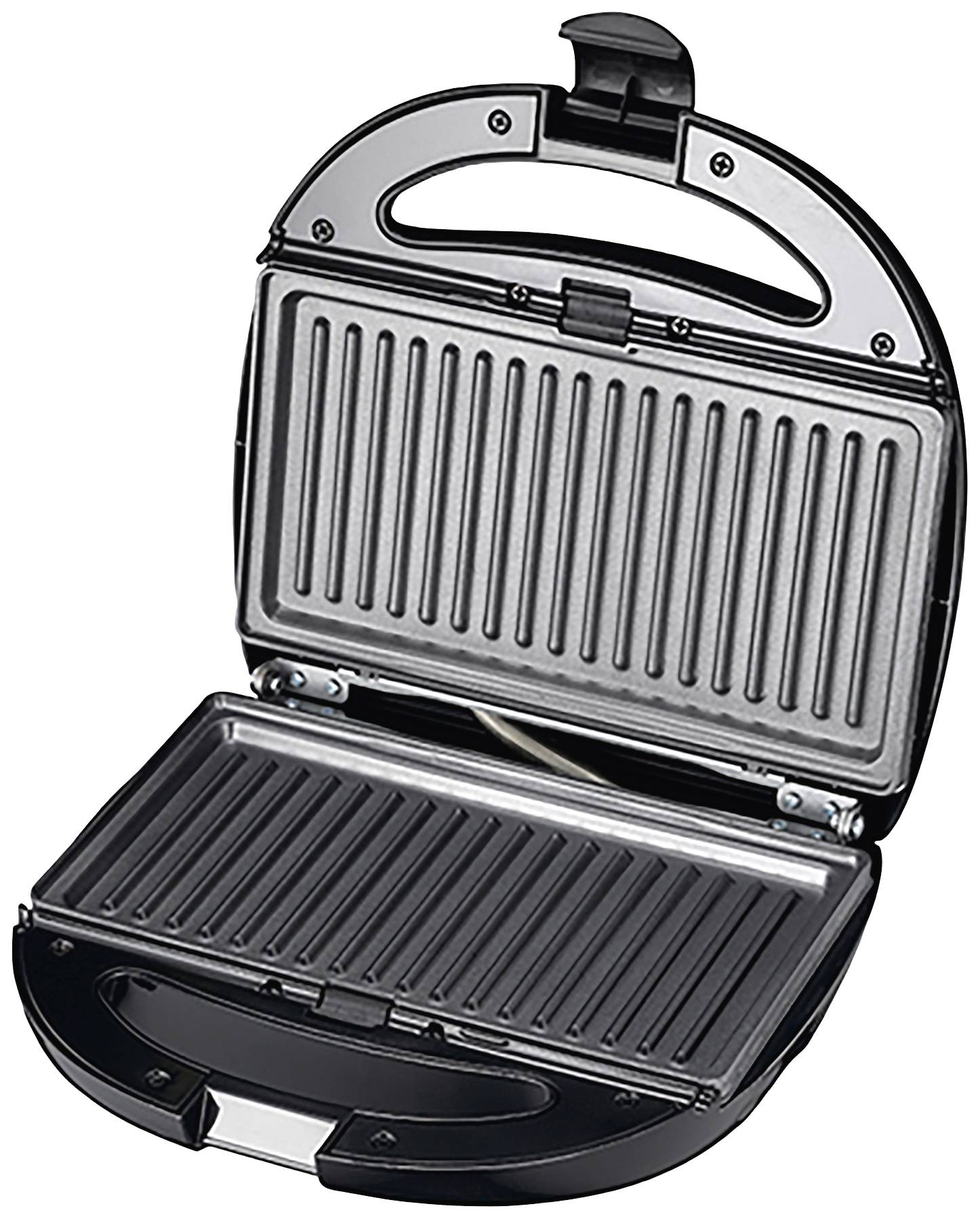 Ein geöffneter Kontaktgrill mit gerillten Heizplatten, geeignet zum Grillen von Sandwiches oder Fleisch.