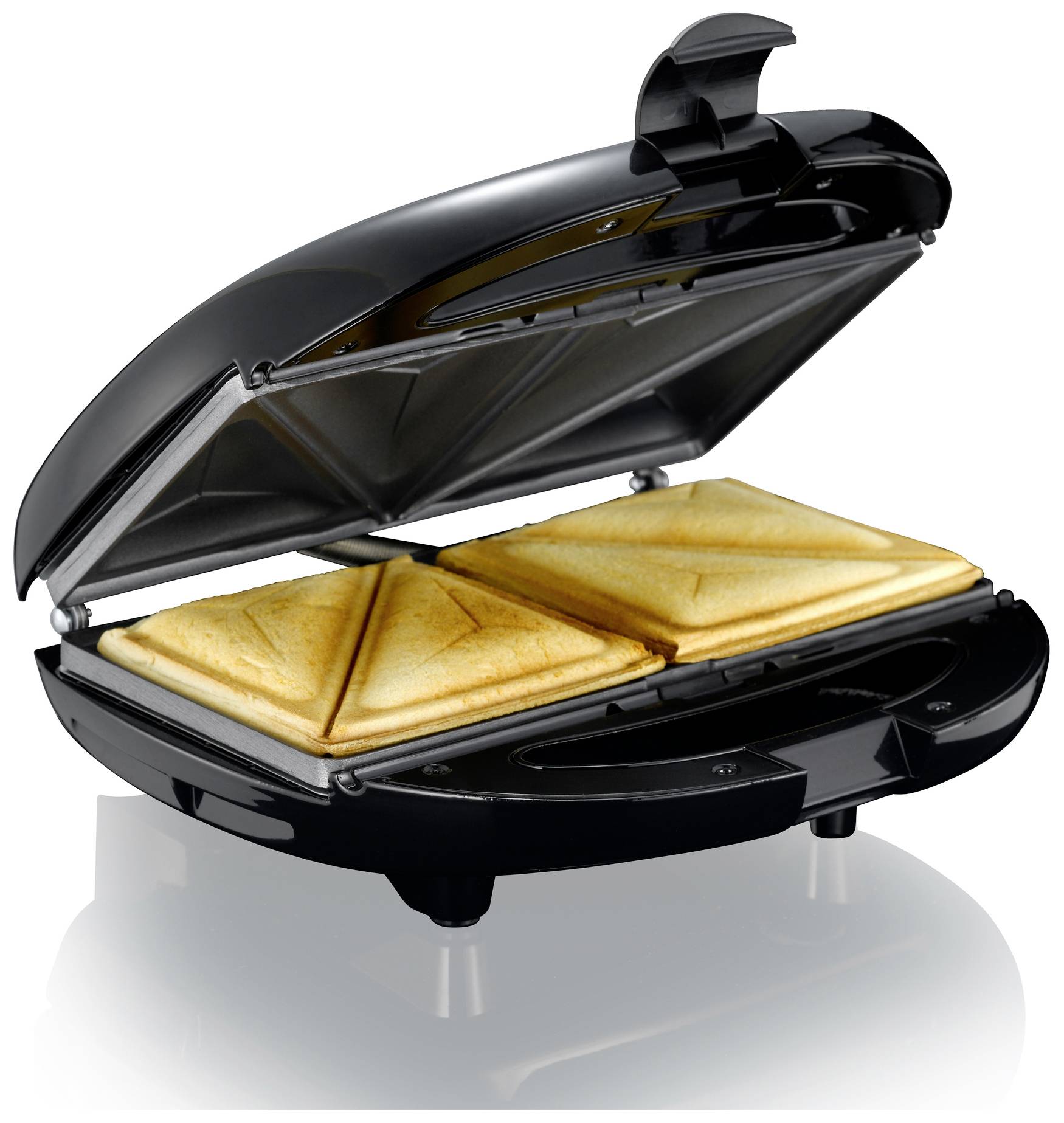 Offenes Sandwich-Toaster-Gerät mit zwei fertigen, goldbraunen Sandwiches.