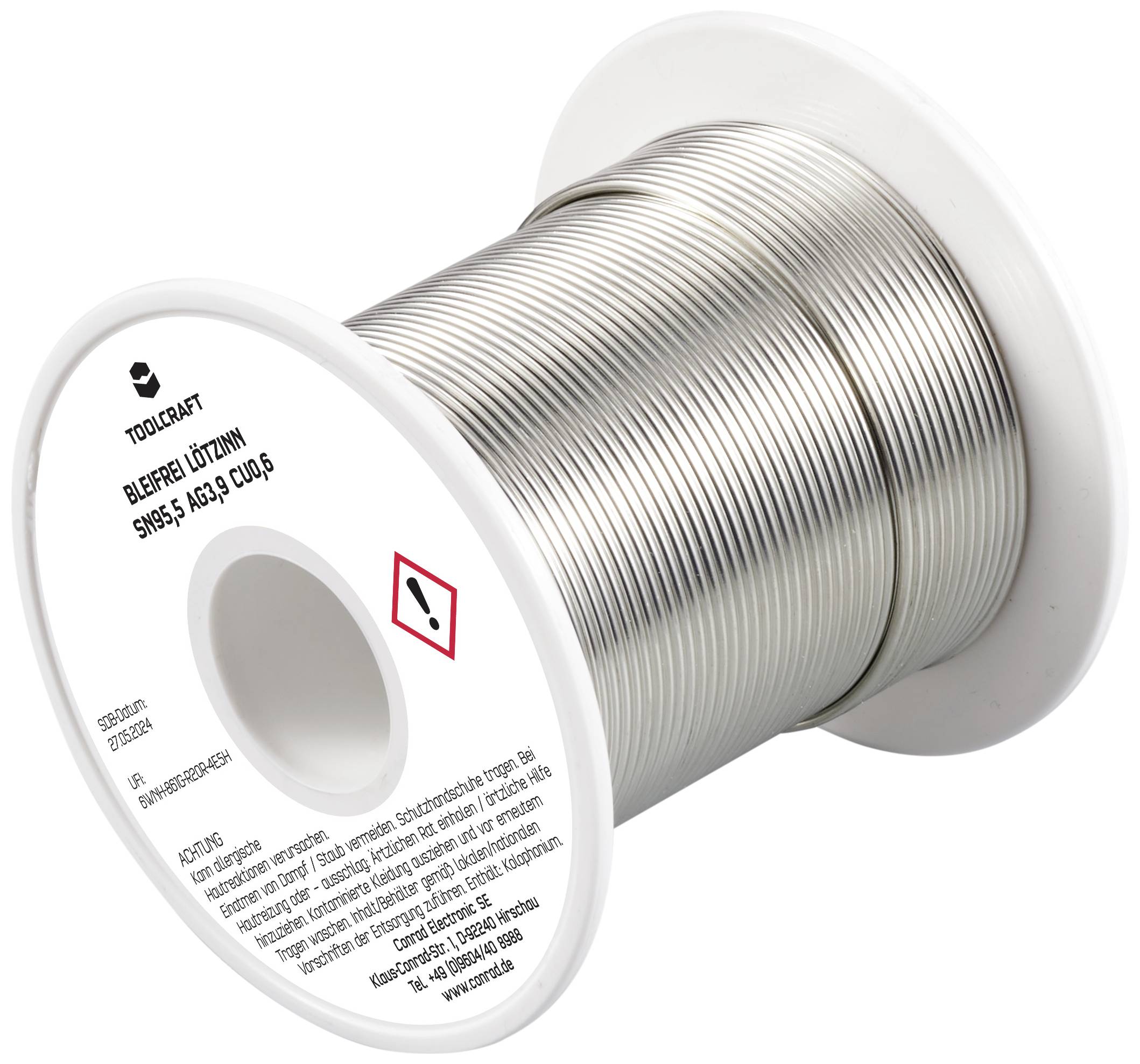 Lötzinnrolle mit silbernem Draht, Etikett zeigt 'Bleifrei, Sn95, Ag3, Cu0,5'. Wichtiger Hinweis zur Handhabung.