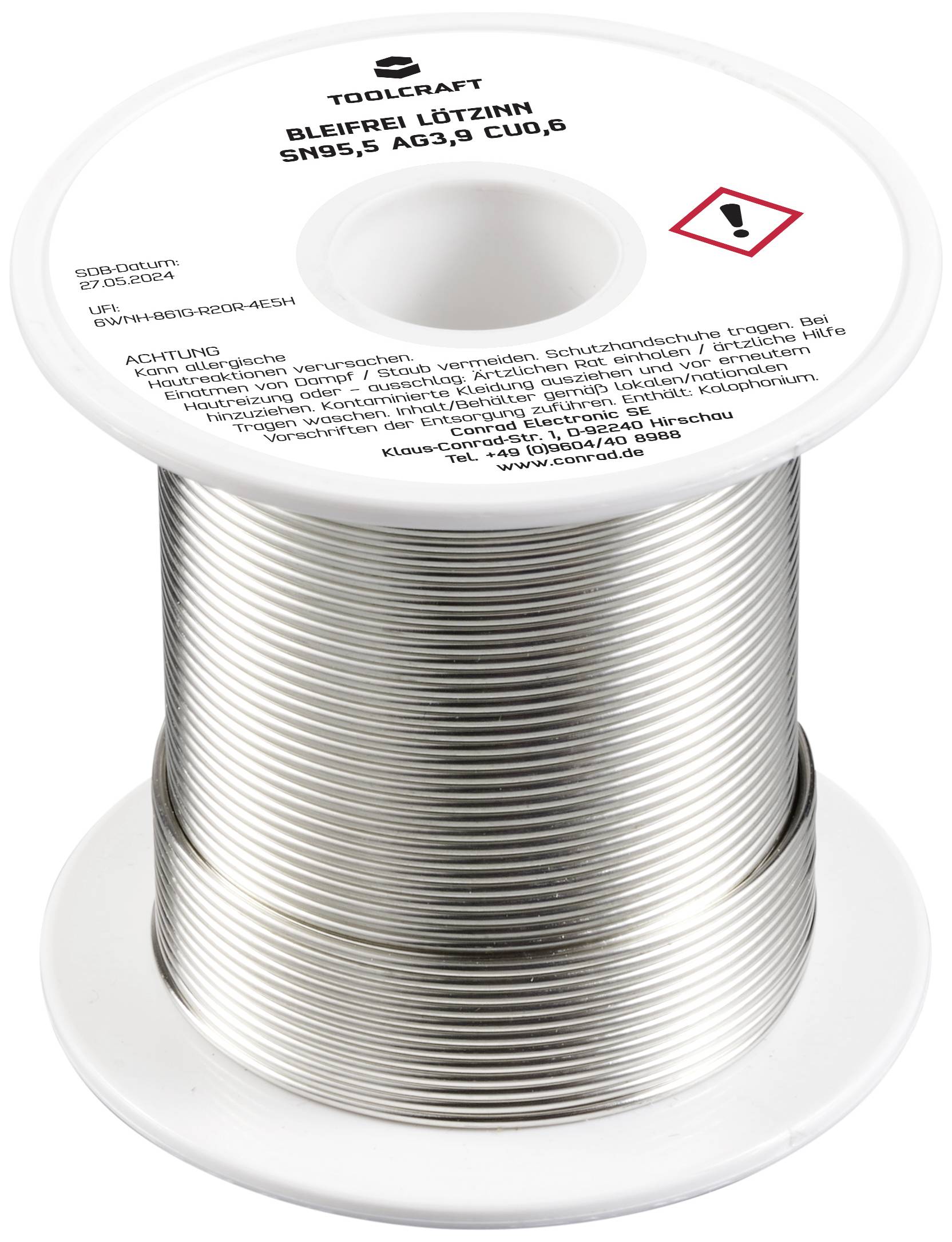 'Rolle mit bleifreiem Lötzinn von Toolcraft, Modell SN95,5 AG3,8 CU0,6. Enthält Warnhinweise auf Etikett.'