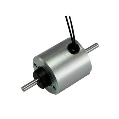Ein zylindrischer Elektromotor mit zwei hervorstehenden Achsen und zwei Kabeln an der Oberseite.