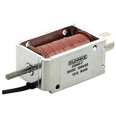 Zylindrische elektromagnetische Spule mit rotem Wicklungsmaterial, Metallrahmen und Etikett mit Herstellerinformationen und technischen Daten.