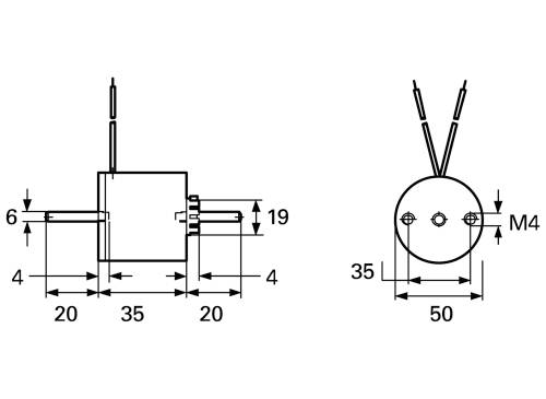 Technische Zeichnung eines elektronischen Bauteils mit Maßen: 20x35x19 mm, Schrauben M4, Kabelanschlüsse oben.