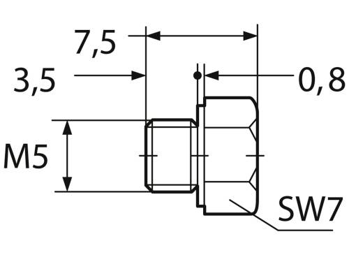 Technische Zeichnung einer Schraube: M5-Gewinde, Kopfhöhe 3,5 mm, Gesamtlänge 7,5 mm, Schlüsselweite SW7, Kopfdurchmesser 0,8 mm.