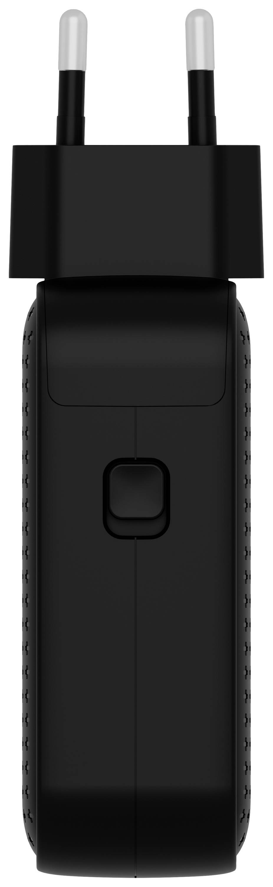 'Schwarzes Ladegerät mit europäischem Stecker, seitlich betrachtet, zeigt den USB-Anschluss oben.'