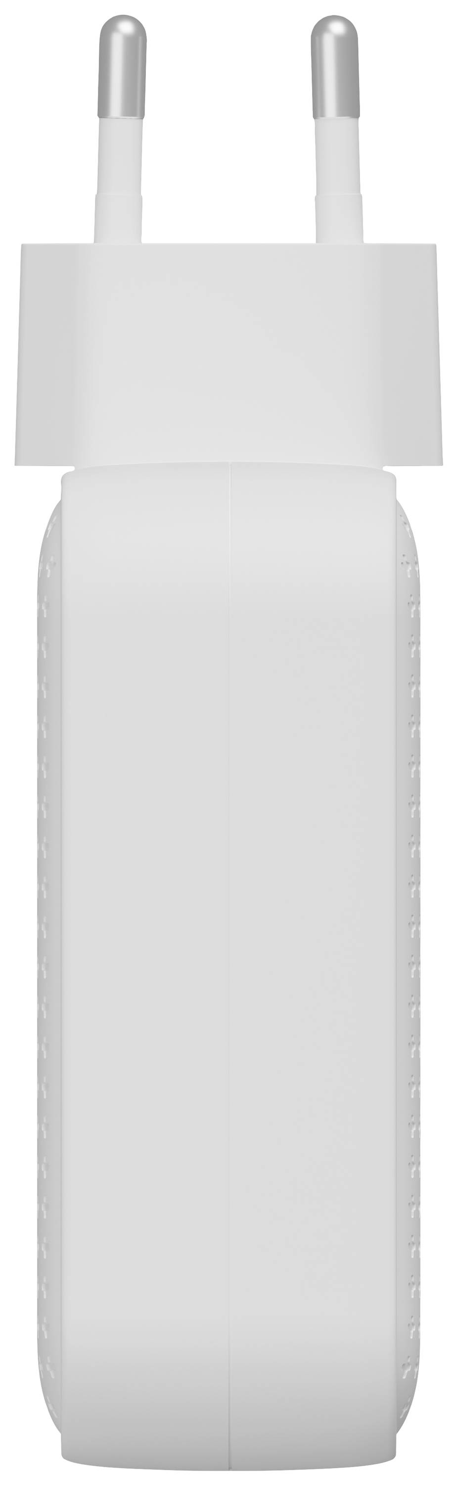 Weißes Netzteil mit EU-Stecker, seitliche Ansicht. Gerät zum Laden elektronischer Geräte wie Smartphones oder Tablets.