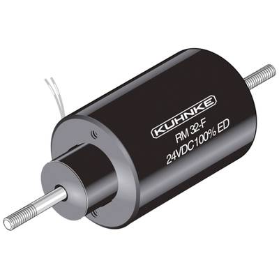 Ein zylindrischer Elektromagnet mit der Aufschrift 'KUHNKE RM 32-F 24VDC100% ED', mit Befestigungsbolzen an beiden Enden.