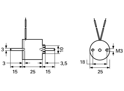 Technische Zeichnung eines elektronischen Bauteils mit Maßen: Breite 25mm, Höhe 18mm, tiefen Seiten 15mm, Bohrloch M3.