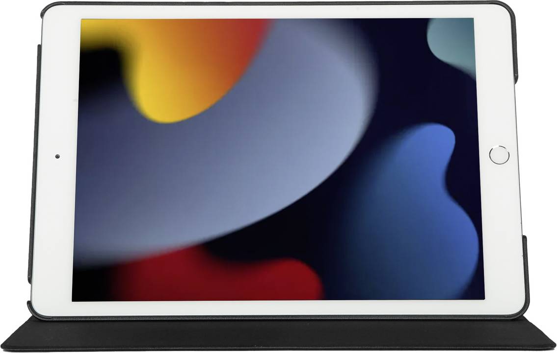 Ein Tablet mit bunter, abstrakter Grafik auf dem Bildschirm, das auf einem schwarzen Ständer steht.