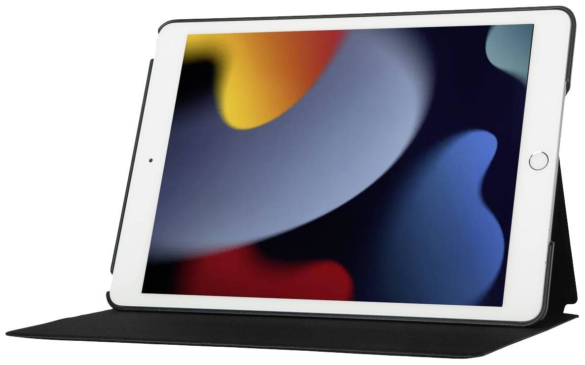 Tablet mit schwarzem Case, Display zeigt abstraktes, farbenfrohes Muster, gelb, blau und rot dominieren. Tablet steht aufrecht.