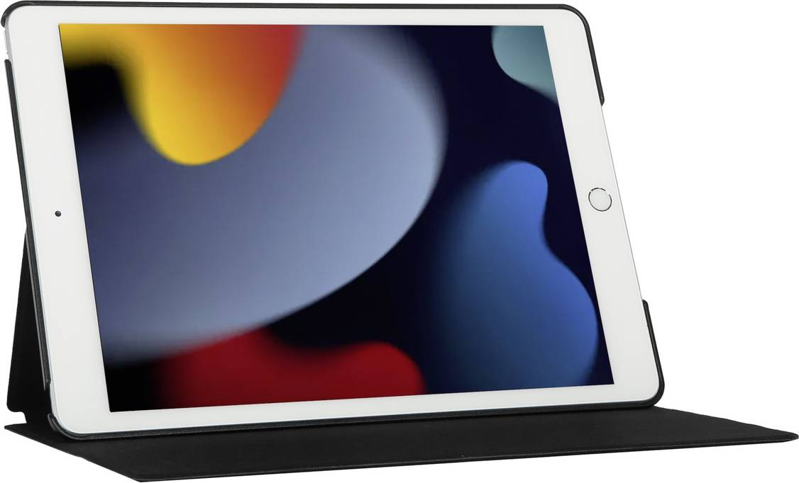 Ein Tablet mit schwarzem Gehäuse zeigt einen bunten, abstrakten Hintergrund. Es ist leicht geneigt, in einer Schutzhülle stehend.